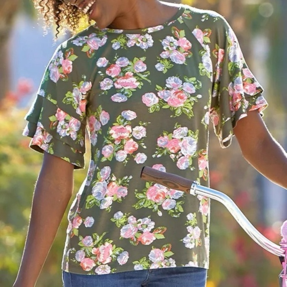 Matilda Jane Let’s Go Together Olive Floral Blouse with Ruffle Sleeves